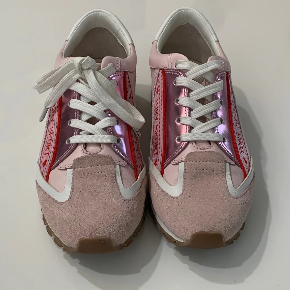 Tory Sport Banner Trainer Sneakers Pink White Leather Canvas 9.5 NIB